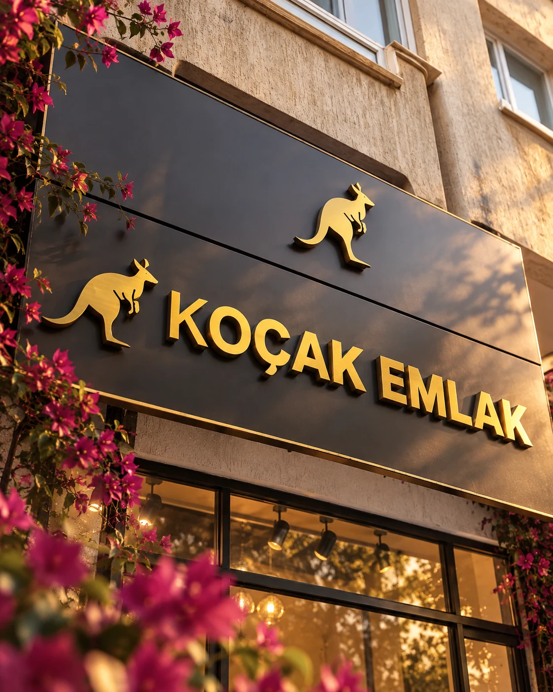 Koçak Emlak tabelasının fotoğraftan düzenlenmiş altın ve begonvil detayları
